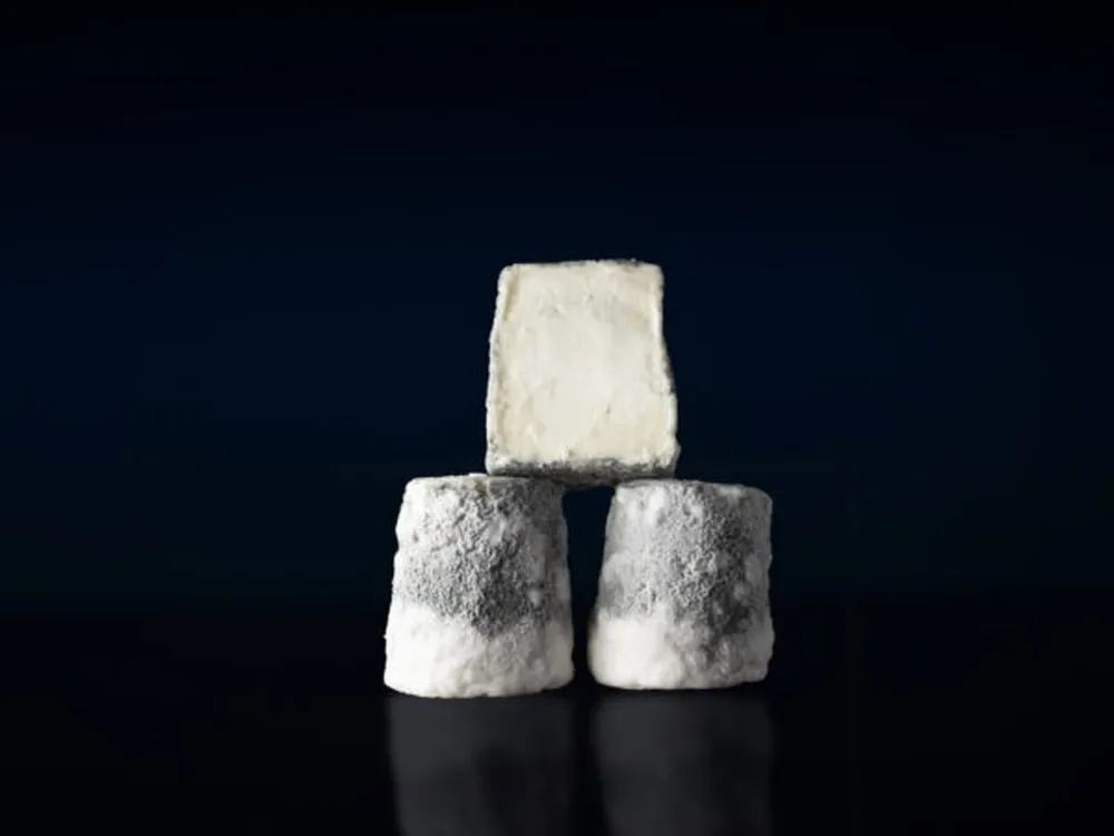 Turret-shaped Dorstone cheeses are stacked, showcasing their thin rinds with specks of blue, green, and grey mold against a black background