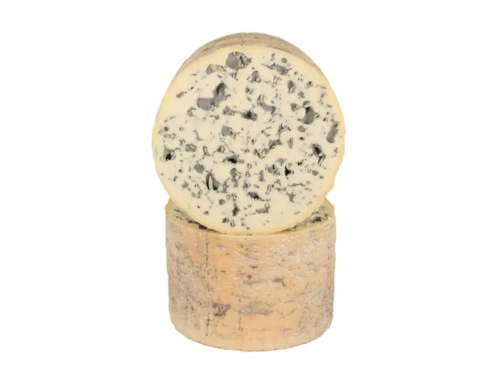 A barrel-shaped Blu del Moncenisio cheese, stacked against a white background, showcasing its dense interior with striking blue veins