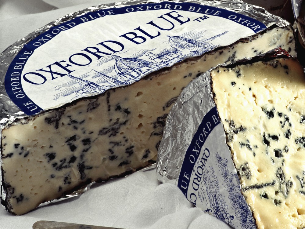 Oxford blue cheese, showing its creamy texture and characteristic blue veins