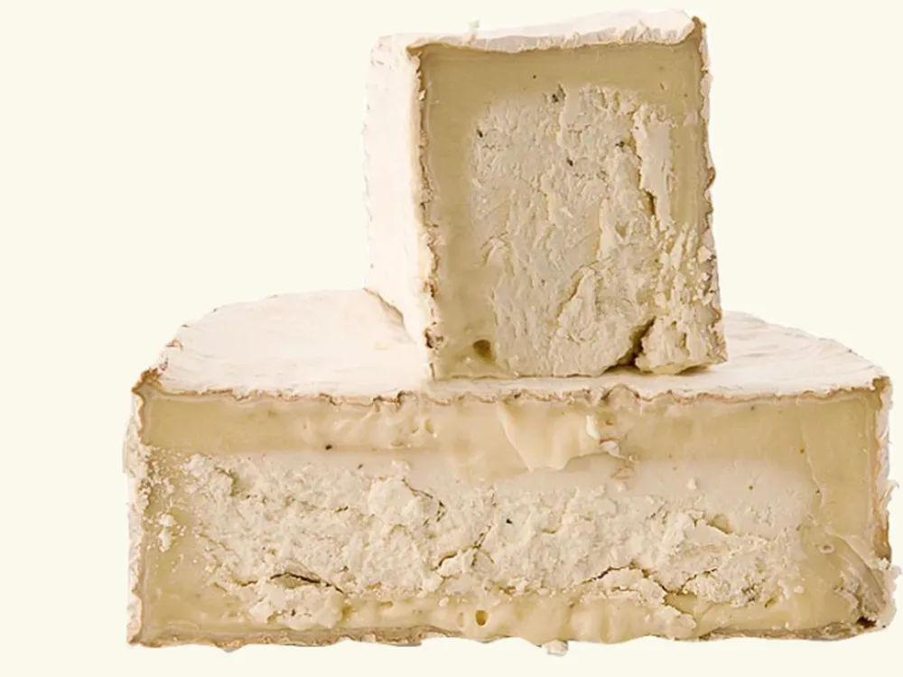 A halved disc of Truffle Tremor cheese with a slice resting on top, revealing its bloomy rind, creamy texture, and flecks of black truffles, set against a white background