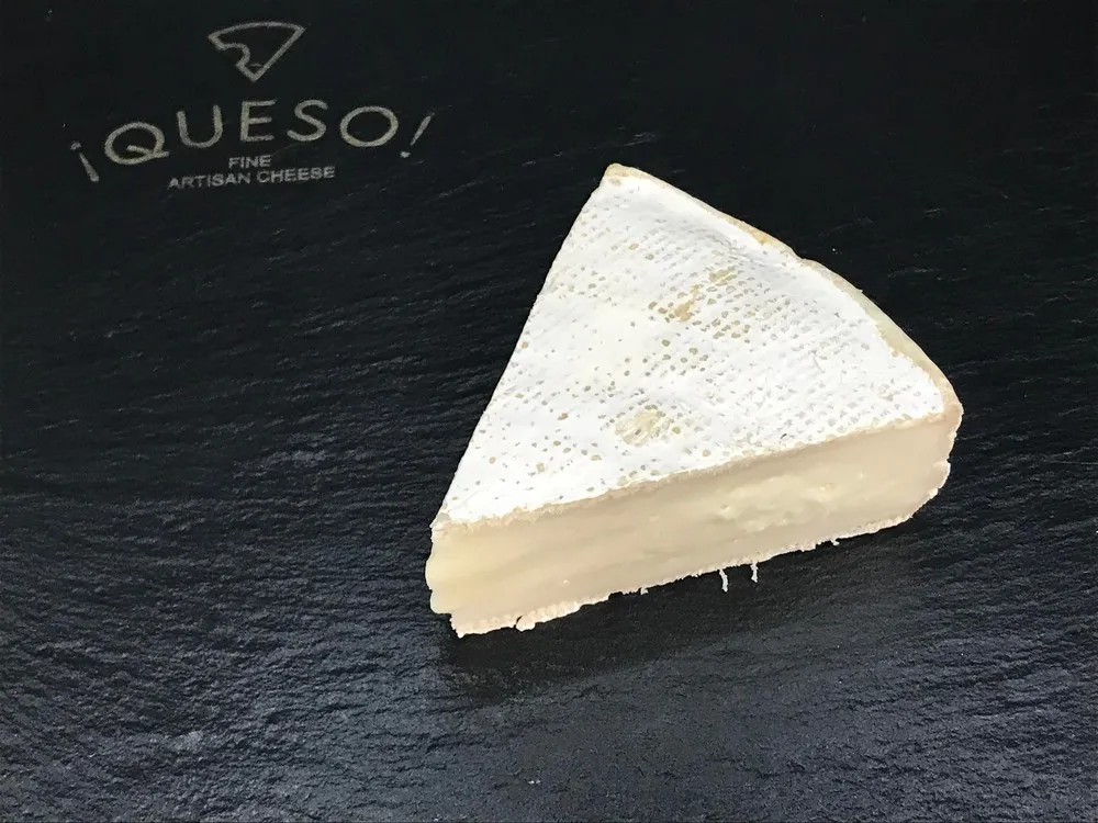 A triangular piece of Wigmore cheese showcasing creamy and soft paste beneath the rind placed on a black marble