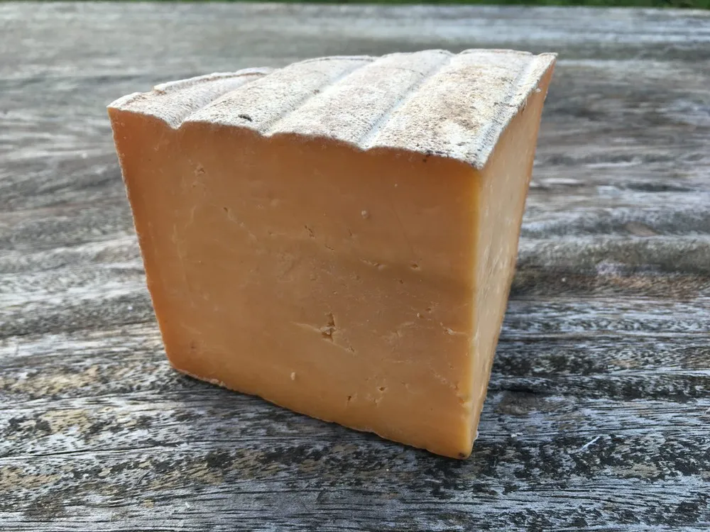 A slice of Double Gloucester cheese, showcasing its orange interior and natural rind, rests on a wooden surface