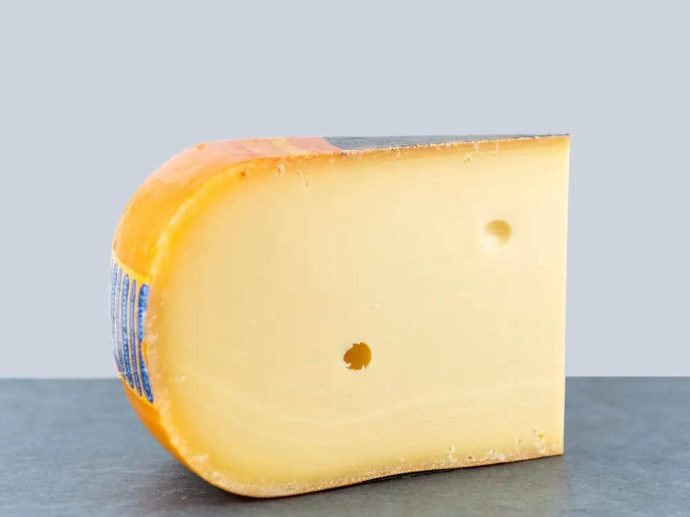 A slice of Creamy Gouda, showcasing its smooth, creamy texture, set against a grey background