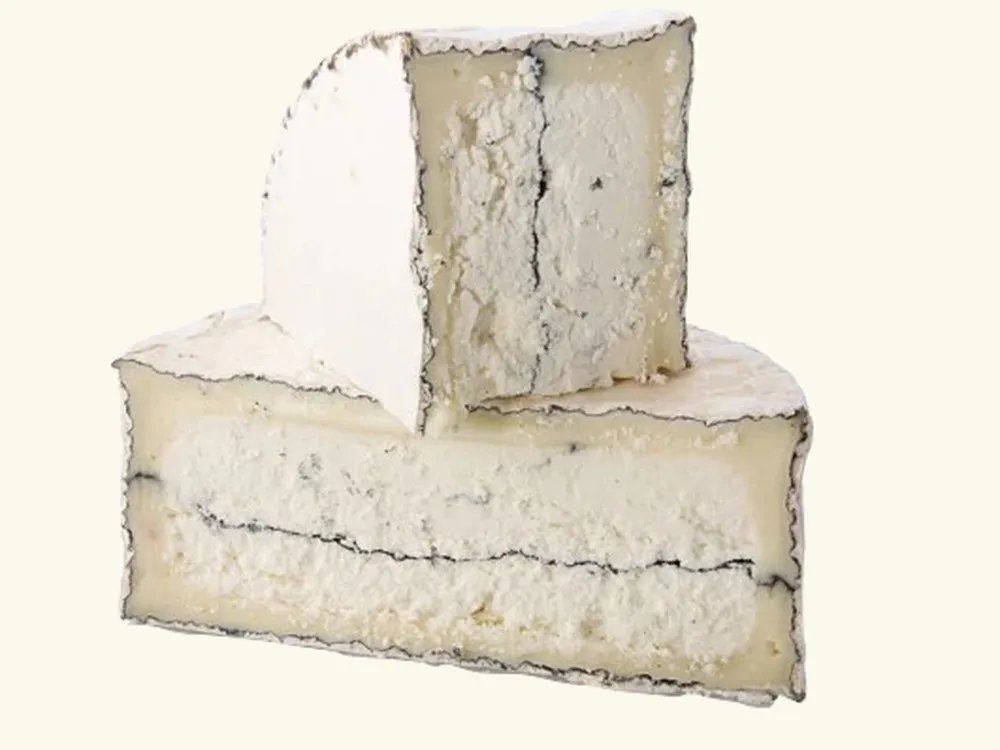 A slice of Humboldt Fog cheese revealing its soft interior and distinctive layer of edible ash, set against a white background