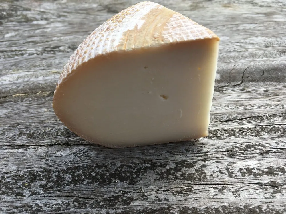 A slice of Rachel cheese with pale yellow interior kept on a wooden surface