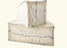 A slice of Humboldt Fog cheese revealing its soft interior and distinctive layer of edible ash, set against a white background