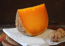 A piece of cheese with an orange interior and a light brown rind with small holes, standing vertically on its rind with the interior facing up. The cheese is on a piece of white paper, placed on two wooden boards. Two walnuts are next to the cheese.