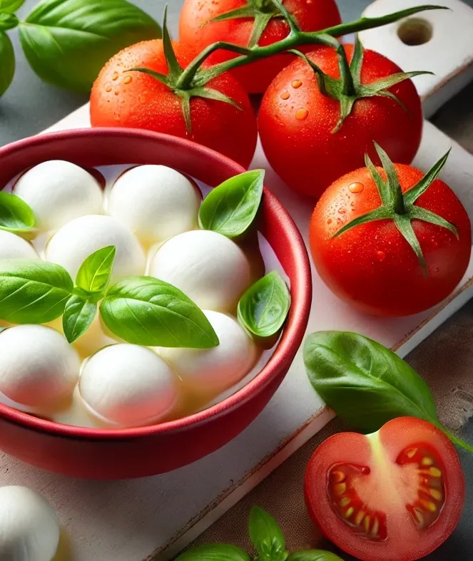 A bowl of bocconcini cheese balls is nestled on a wooden board, surrounded by fresh herbs and ripe tomatoes.