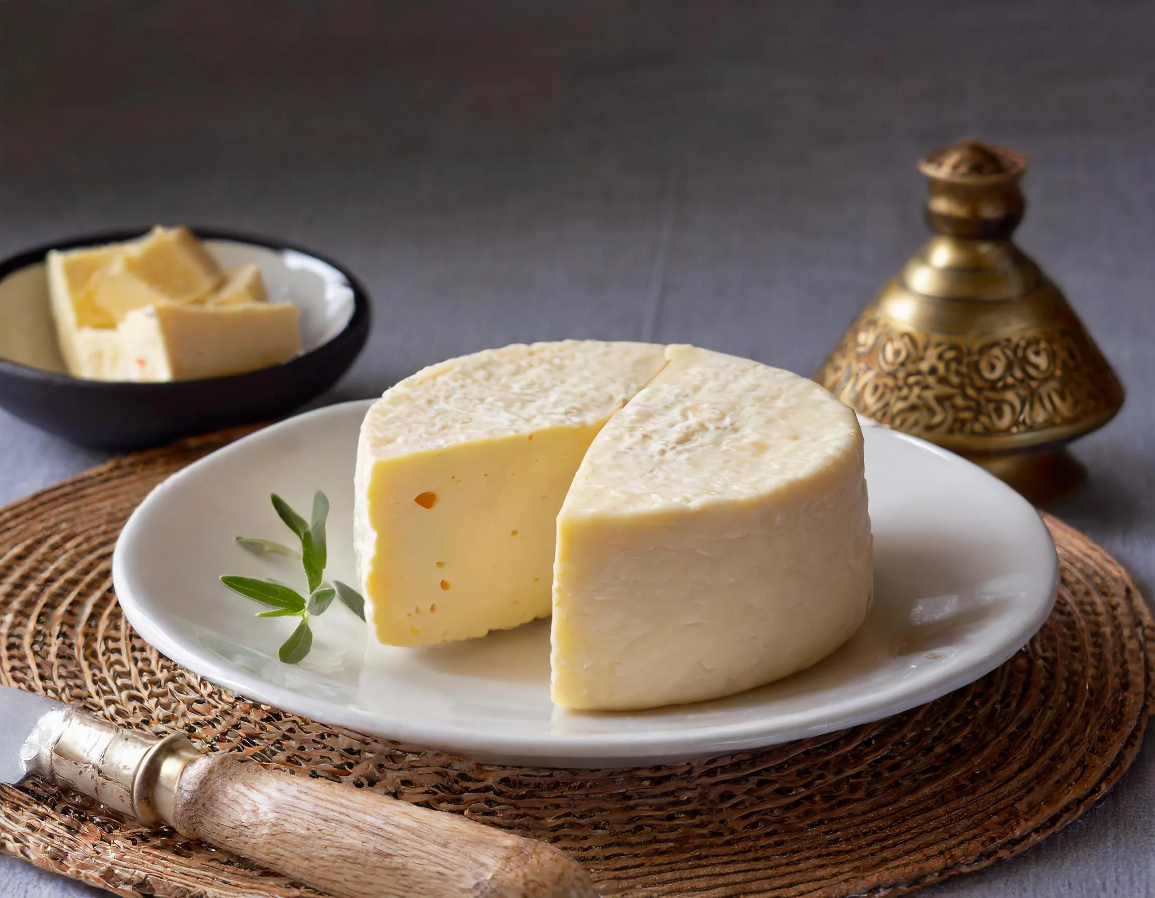 A wheel of cheese, partially sliced, sits on a white plate with a sprig of green garnish. A bowl with cheese pieces, a rustic knife, and a decorative container are also on the woven mat.