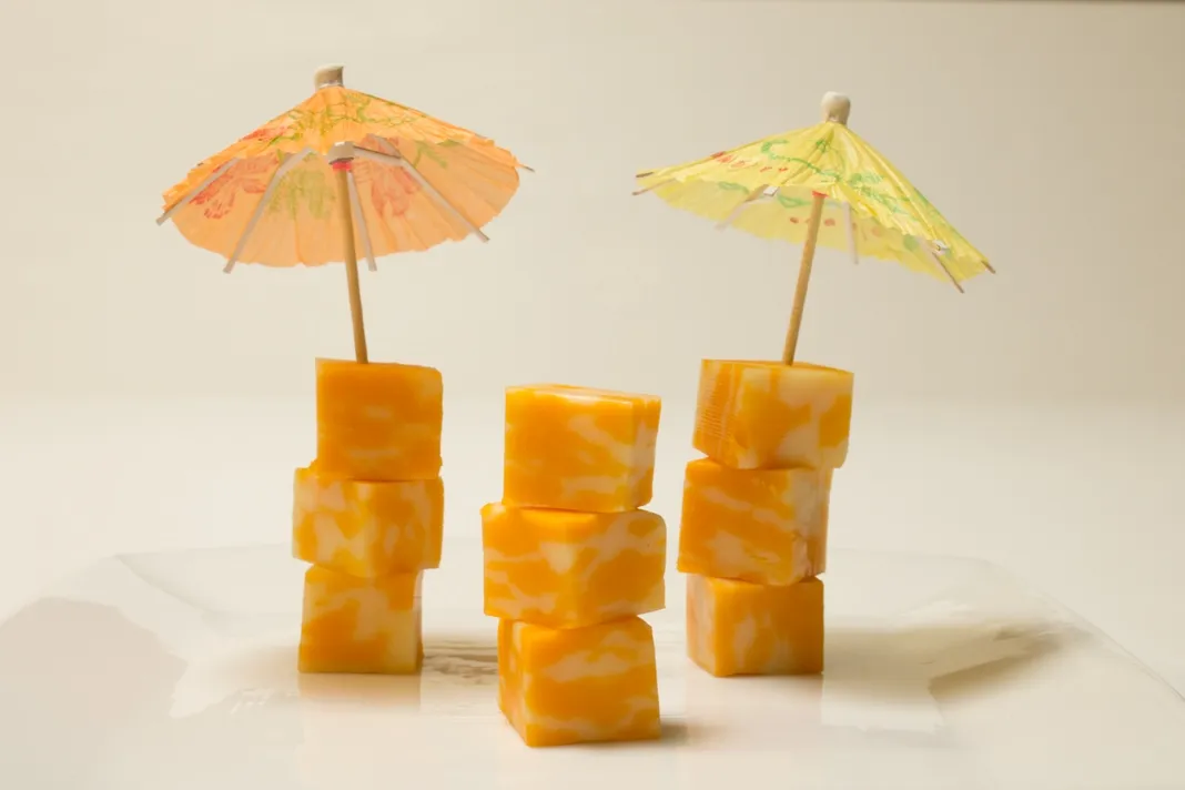 Colby Jack cheese cubes topped with mini cocktail umbrellas