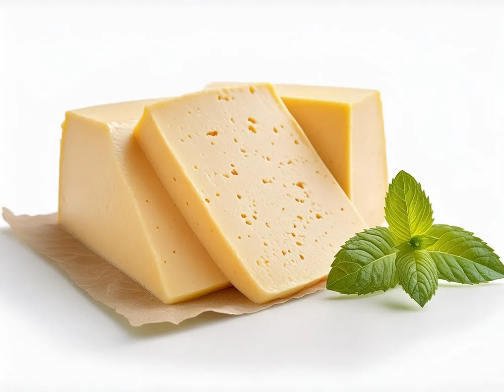 Havarti cheese slices arranged on a cream-colored sheet with mint leaves, set against a white background