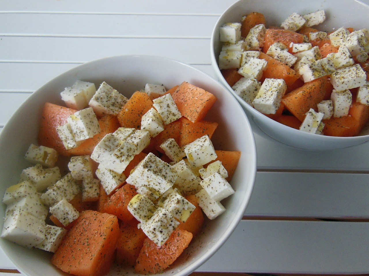 Feta cheese with melons