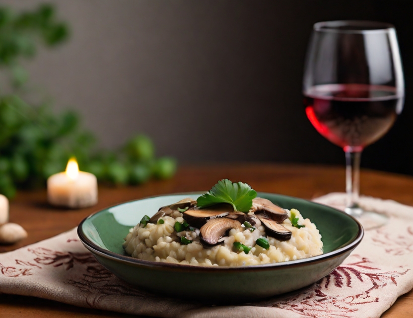 a dish with risotto made with mushrooms and parmesan cheese
