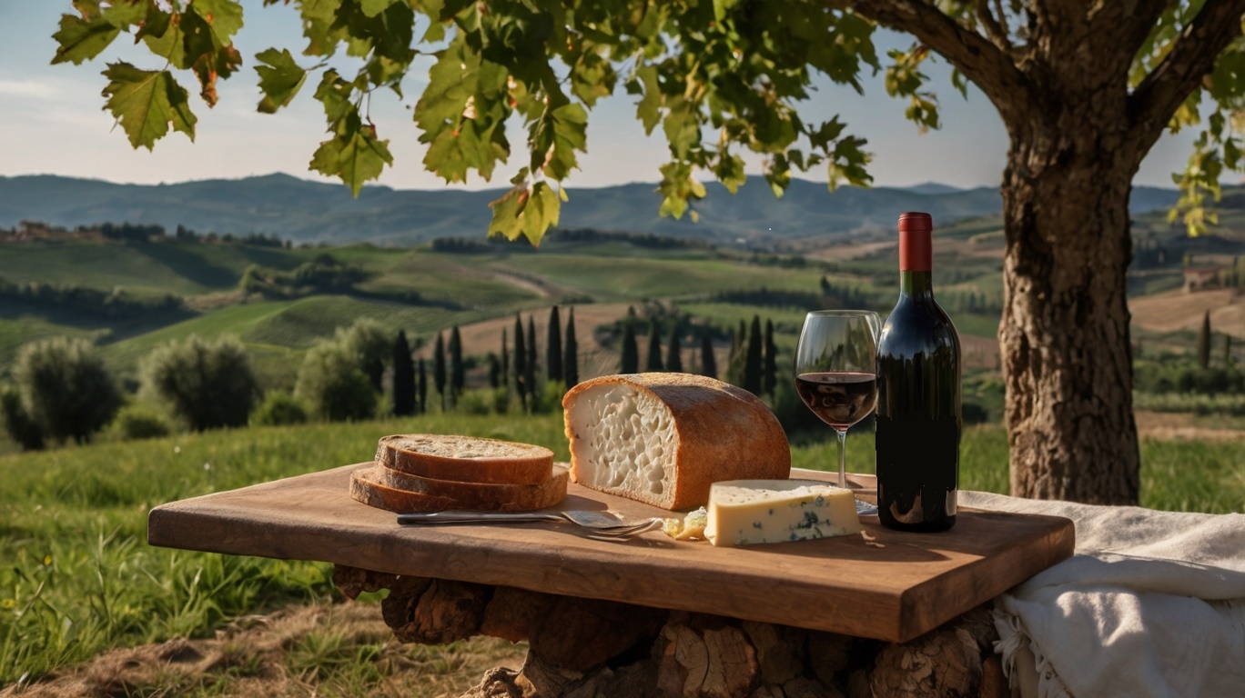 Illustrative image of a Tuscany landscape and wine and cheese