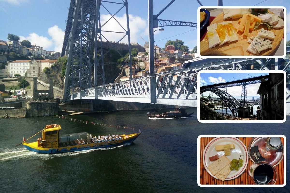 Porto city with rabelo ship and cheese and wine board