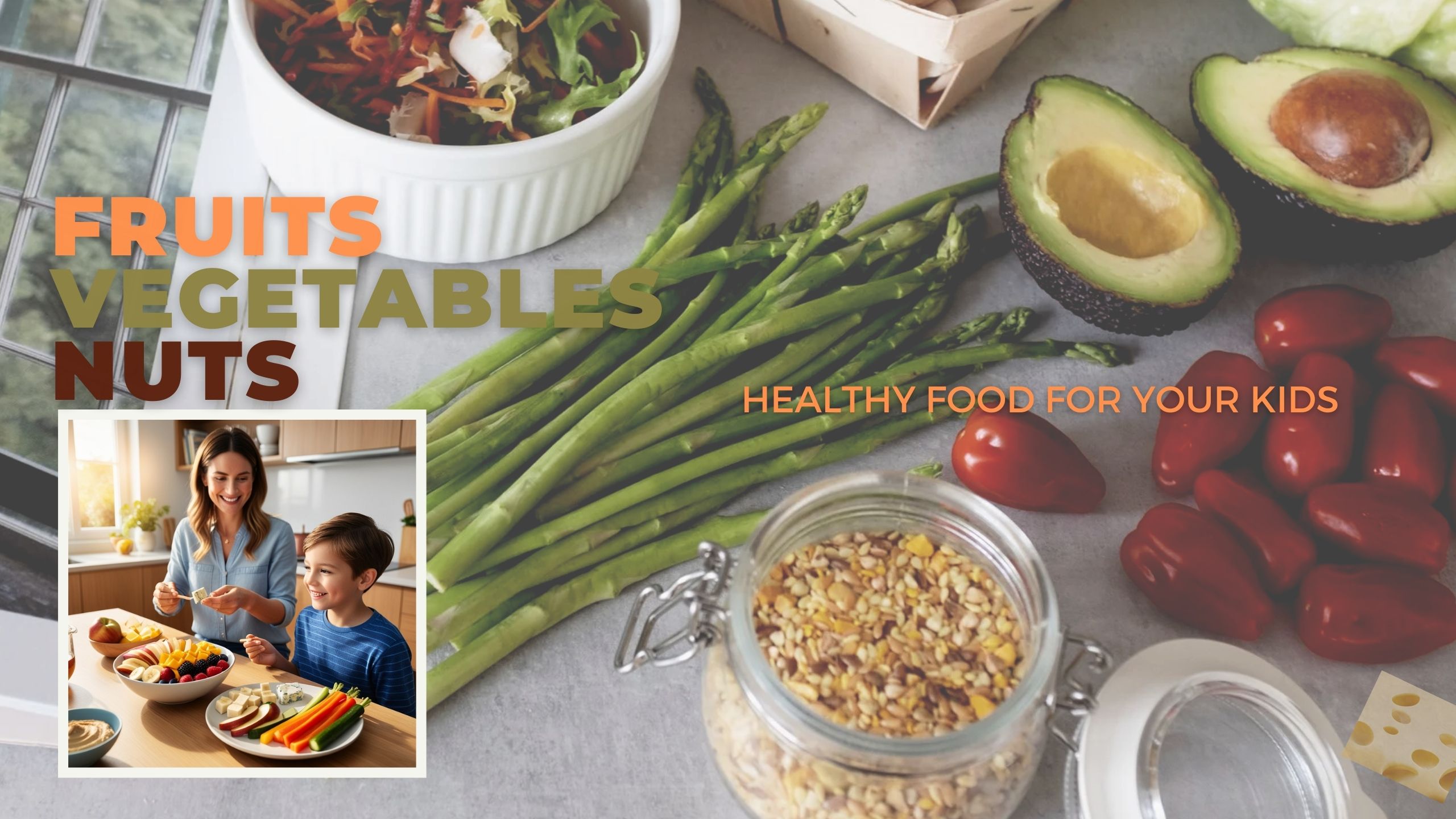 a young boy and his mother in the kitchen, eating healthy after-school snacks with fruits and vegetables and cheese and nuts